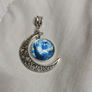 Silver Crescent Moon Pendant with Blue Starry Design